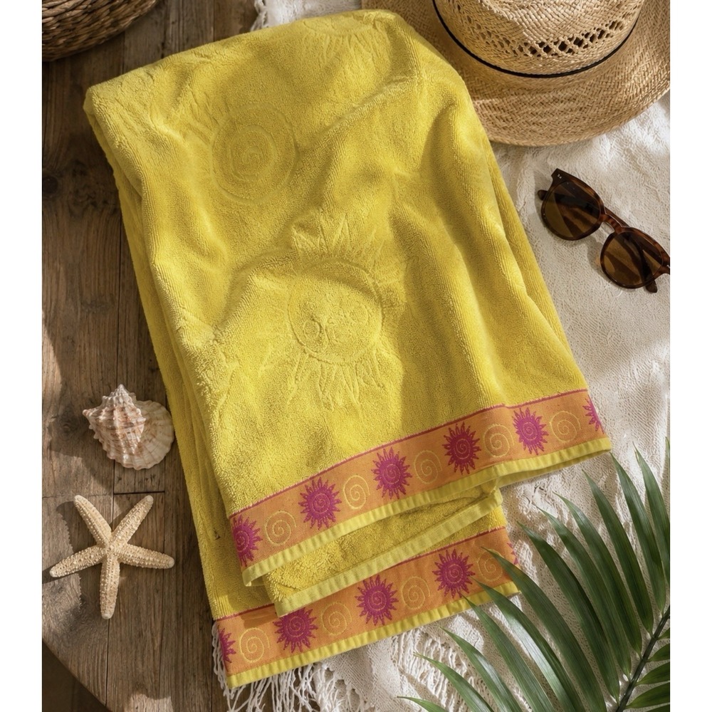 Vintage Seaside Beach Towel Celestial Sun Embossed Retro Yellow Cotton 58x29